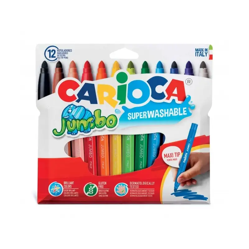 Carioca Jumbo Pack de 12 Rotuladores - Cuerpo Octogonal Maxi - Tinta Superlavable - Punta Maxi 6mm Bloqueada - Tapa Ventilada -