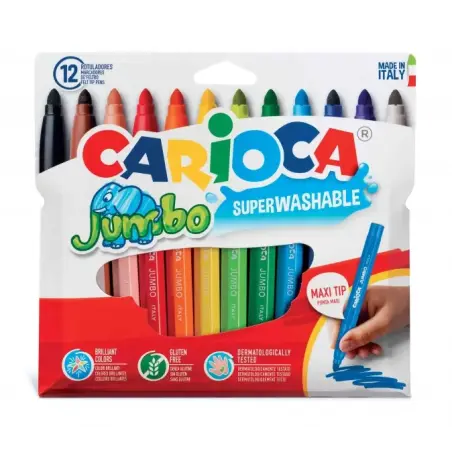 Carioca Jumbo Pack de 12 Rotuladores - Cuerpo Octogonal Maxi - Tinta Superlavable - Punta Maxi 6mm Bloqueada - Tapa Ventilada -