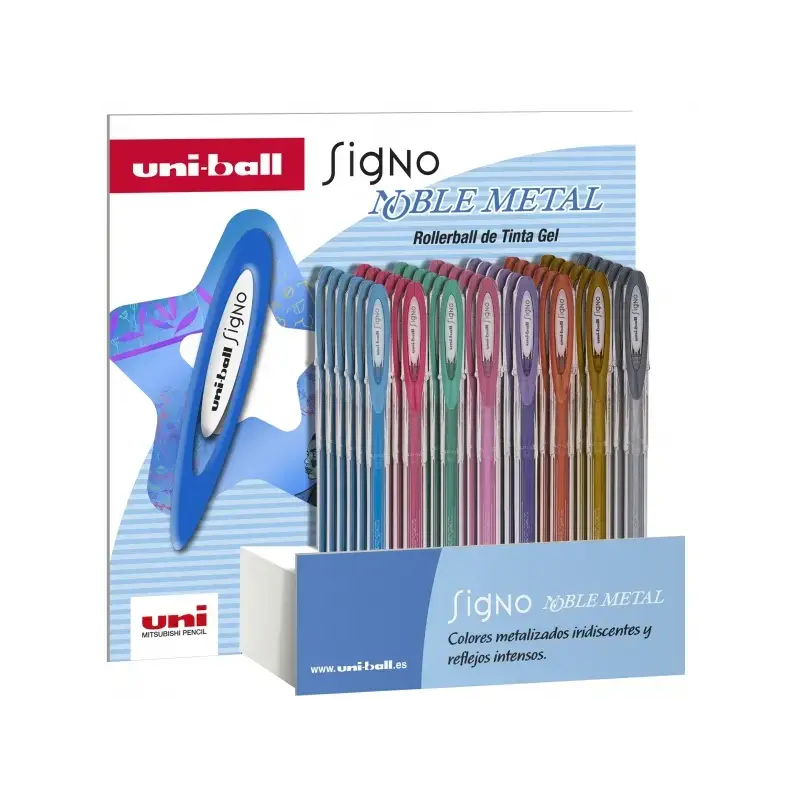 Uni-ball Signo Noble Metal Expositor de 48 Boligrafos de Tinta Gel - Punta de Bola 0.8mm - Tinta Resistente al Agua y Luz - Escr