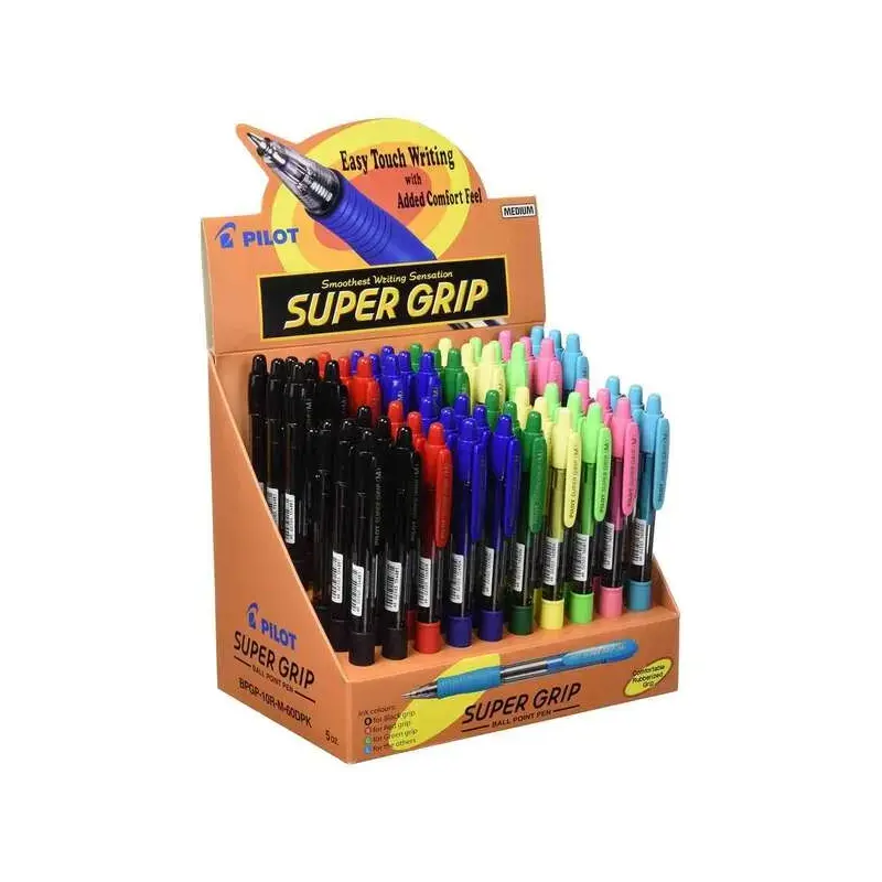 Pilot Expositor de 60 Boligrafos de Bola Retractiles SuperGrip - Punta Redonda 1.0mm - Trazo 0.27mm - Tinta de Aceite - Grip Erg