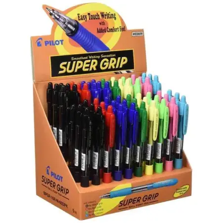 Pilot Expositor de 60 Boligrafos de Bola Retractiles SuperGrip - Punta Redonda 1.0mm - Trazo 0.27mm - Tinta de Aceite - Grip Erg