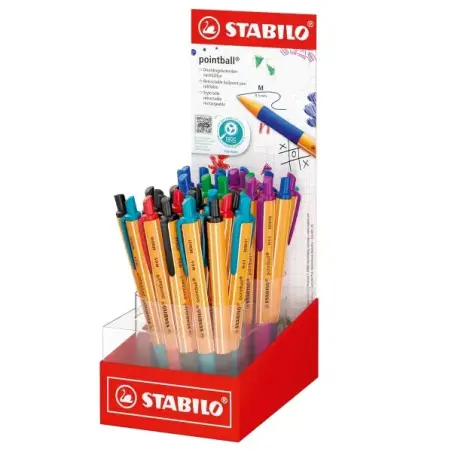 Stabilo Pointball Expositor con 38 Boligrafos Retractiles - Punta de 1mm - Tinta con Base de Aceite - Recargable - 87% Plastico