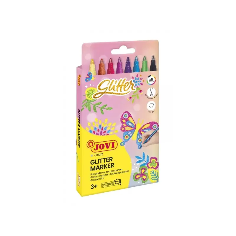 Jovi Glitter Marker Caja con 8 Rotuladores Efecto Purpurina - Tinta Base Agua - Grip Triangular Ergonomico - Punta Resistente -