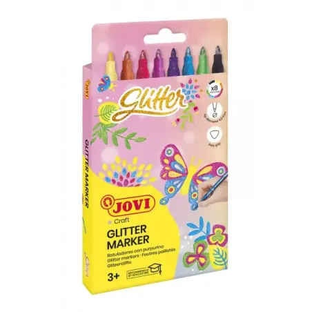 Jovi Glitter Marker Caja con 8 Rotuladores Efecto Purpurina - Tinta Base Agua - Grip Triangular Ergonomico - Punta Resistente -