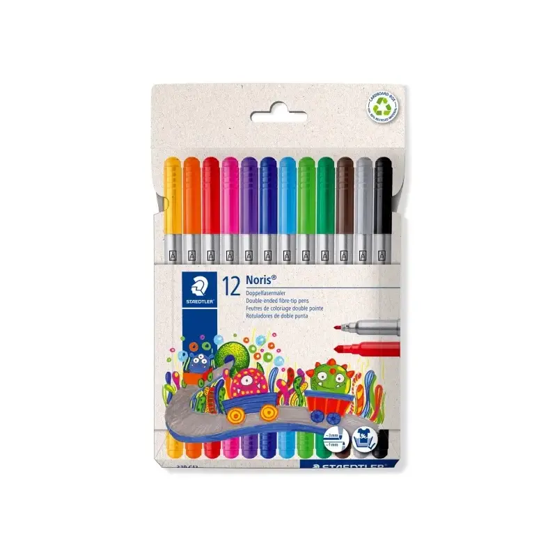 Staedtler Noris 320 Pack de 12 Rotuladores - Doble Punta de Fibra - Trazos 1 y 3mm - Tapa Ventilada - Colores surtidos | Ahorro