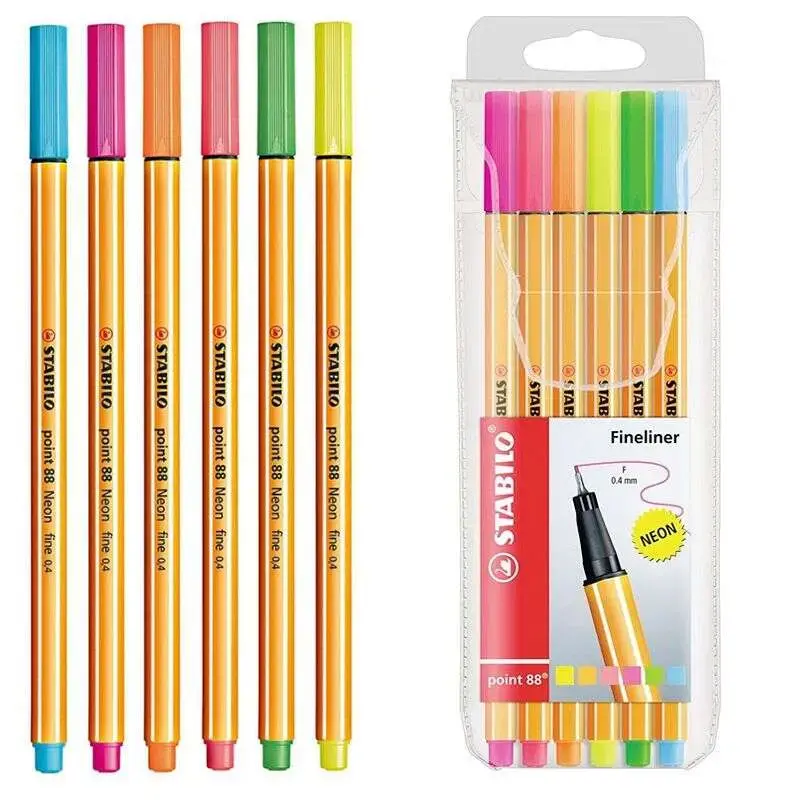 Stabilo Point 88 Pack de 6 Rotuladores de Punta Fina de Fibra - Trazo de 0.4 mm - Tinta con Base de Agua - Colores Surtidos Neon
