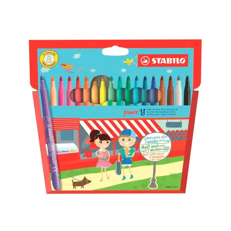 Stabilo Power Pack de 18 Rotuladores de Colores - Punta Media de 2mm - Tinta Lavable - Capuchon Ventilado - Colores Surtidos | A