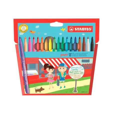 Stabilo Power Pack de 18 Rotuladores de Colores - Punta Media de 2mm - Tinta Lavable - Capuchon Ventilado - Colores Surtidos | A