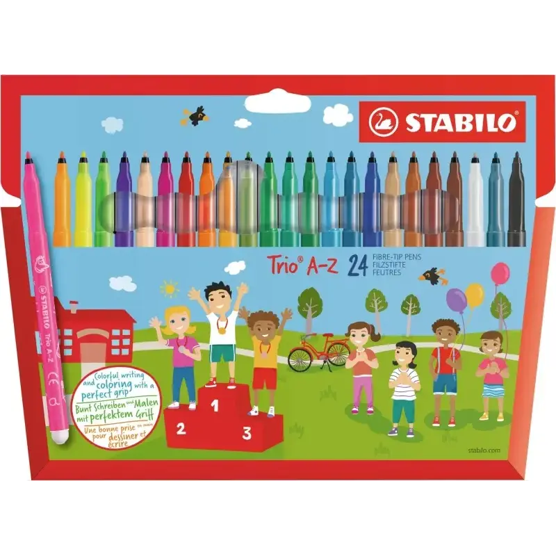 Stabilo Trio A-Z Pack con 24 Rotuladores de Punta Fina de Fibra - Trazo 0.7mm - Tinta Lavable - Zona de Agarre Triangular - Colo