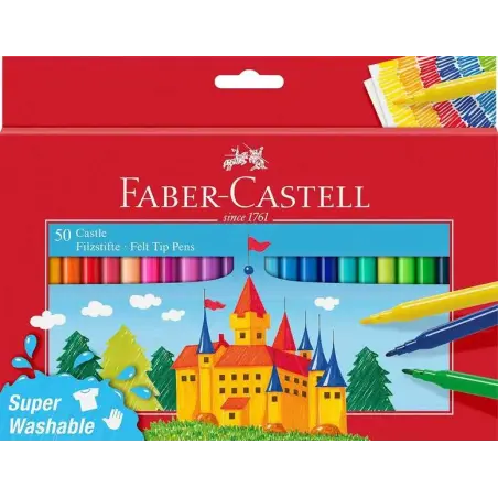 Faber-Castell Castle Pack de 50 Rotuladores - Tinta con Base de Agua Lavable - Colores Surtidos | Ahorro Imprimiendo