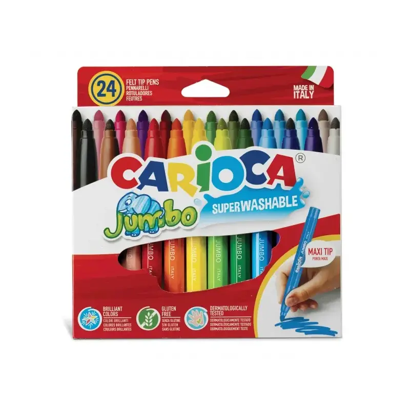 Carioca Jumbo Pack de 24 Rotuladores - Cuerpo Octogonal Maxi - Tinta Superlavable - Punta Maxi 6mm Bloqueada - Tapa Ventilada -
