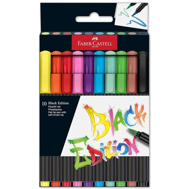 Faber-Castell Black Edition Pack de 10 Rotuladores Punta Pincel - Tinta a Base de Colorantes Alimentarios - Colores Surtidos | A