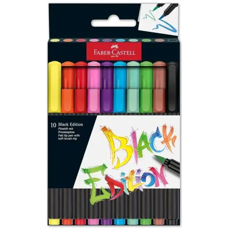 Faber-Castell Black Edition Pack de 10 Rotuladores Punta Pincel - Tinta a Base de Colorantes Alimentarios - Colores Surtidos | A