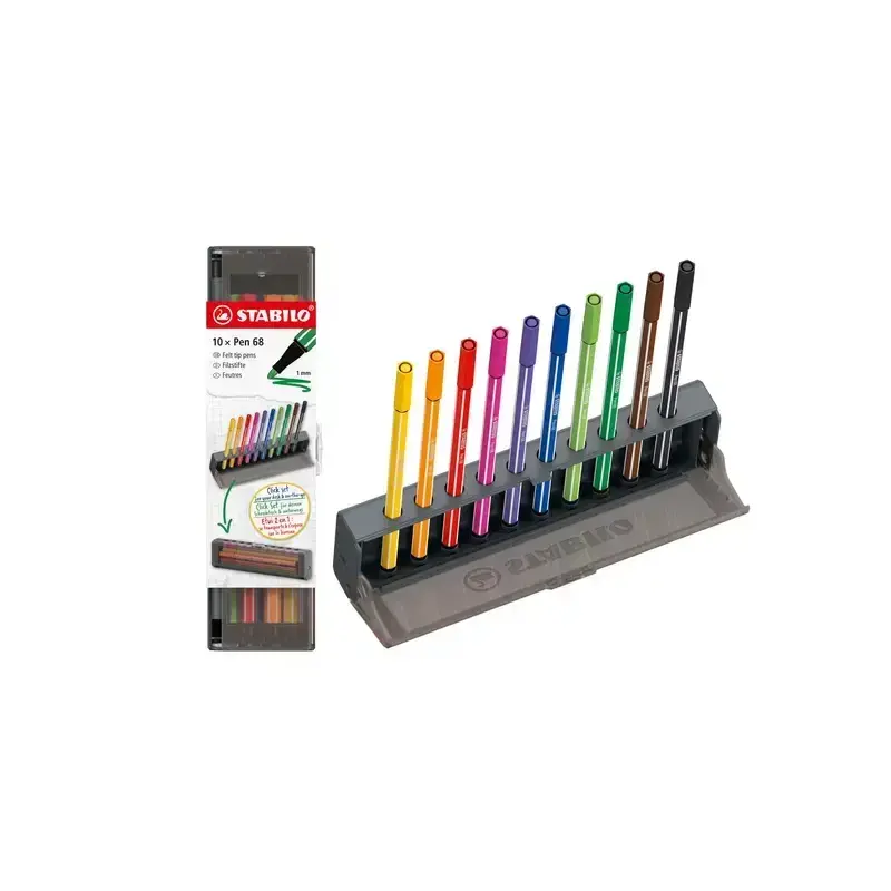 Stabilo Pen 68 Set de Mesa con 10 Rotuladores de Punta de Fibra - Trazo de 1mm aprox. - Tinta con Base de Agua - Colores Surtido