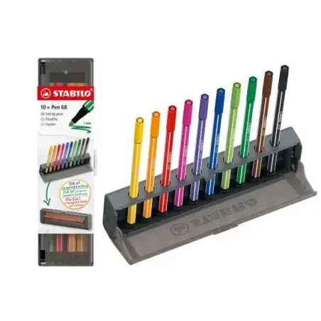 Stabilo Pen 68 Set de Mesa con 10 Rotuladores de Punta de Fibra - Trazo de 1mm aprox. - Tinta con Base de Agua - Colores Surtido
