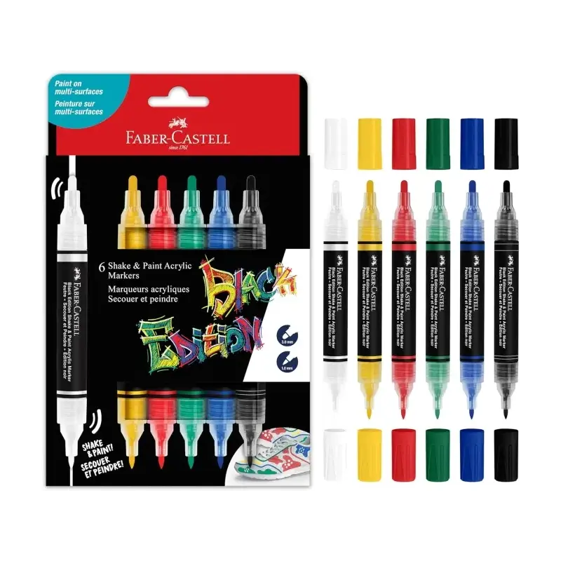 Faber-Castell Shake & Paint Black Edition Pack de 6 Rotuladores Acrilicos Doble Punta - Puntas Redondas de 1mm y 3mm - Tinta Acr