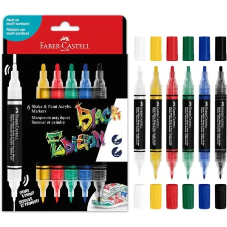 Faber-Castell Shake & Paint Black Edition Pack de 6 Rotuladores Acrilicos Doble Punta - Puntas Redondas de 1mm y 3mm - Tinta Acr