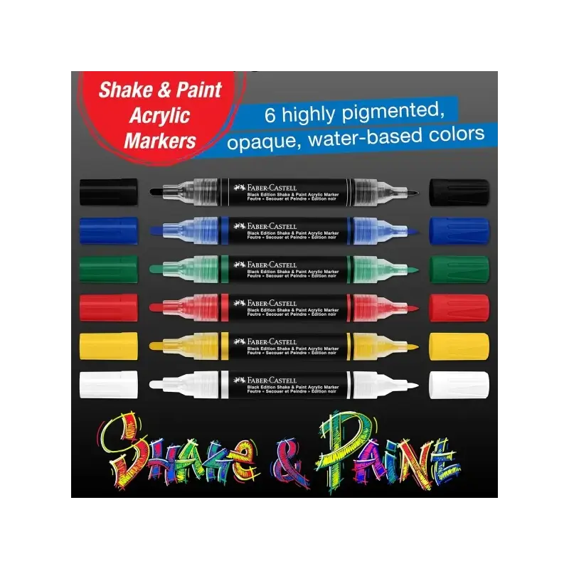 Faber-Castell Shake & Paint Black Edition Pack de 6 Rotuladores Acrilicos Doble Punta - Puntas Redondas de 1mm y 3mm - Tinta Acr