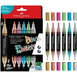 Faber-Castell Shake & Paint Black Edition Pack de 6 Rotuladores Acrilicos Doble Punta - Puntas Redondas de 1mm y 3mm - Tinta Acr