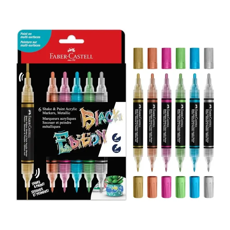 Faber-Castell Shake & Paint Black Edition Pack de 6 Rotuladores Acrilicos Doble Punta - Puntas Redondas de 1mm y 3mm - Tinta Acr