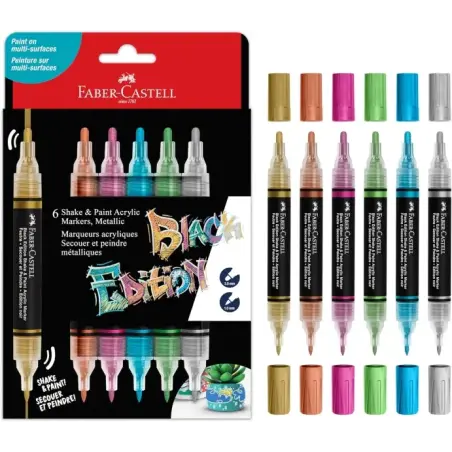 Faber-Castell Shake & Paint Black Edition Pack de 6 Rotuladores Acrilicos Doble Punta - Puntas Redondas de 1mm y 3mm - Tinta Acr