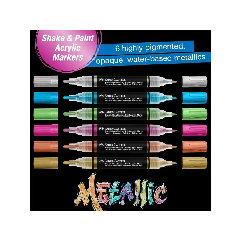 Faber-Castell Shake & Paint Black Edition Pack de 6 Rotuladores Acrilicos Doble Punta - Puntas Redondas de 1mm y 3mm - Tinta Acr