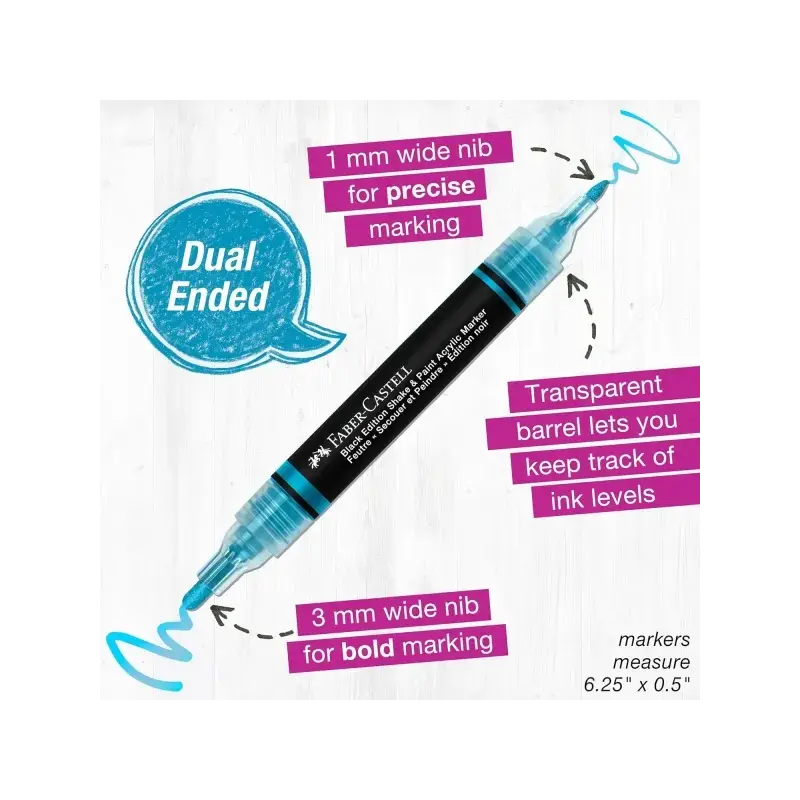 Faber-Castell Shake & Paint Black Edition Pack de 6 Rotuladores Acrilicos Doble Punta - Puntas Redondas de 1mm y 3mm - Tinta Acr