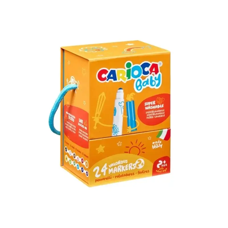 Carioca Baby Caja Rigida con 24 Rotuladores - Punta Redonda y Bloqueada para la Maxima Seguridad - Superlavables - Dermatologica