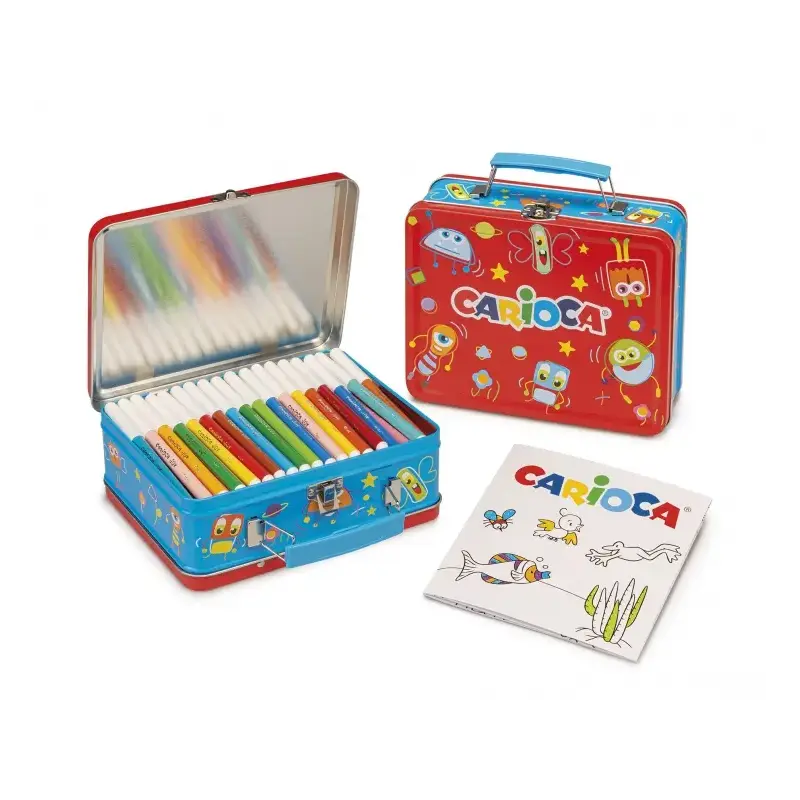 Carioca Caja Metalica con 100 Rotuladores Punta Fina y Tinta Superlavable - 1 Album para Colorear - Dedicado a Pequeños Artistas
