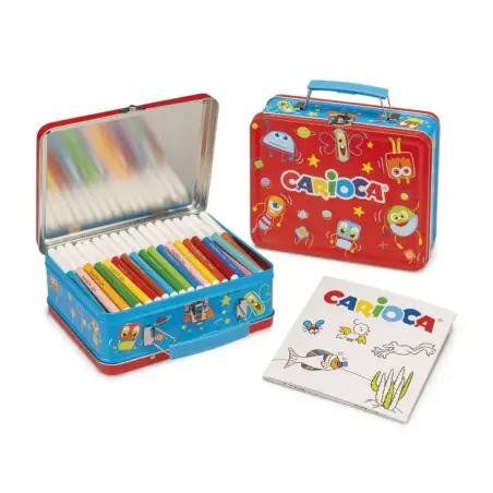 Carioca Caja Metalica con 100 Rotuladores Punta Fina y Tinta Superlavable - 1 Album para Colorear - Dedicado a Pequeños Artistas