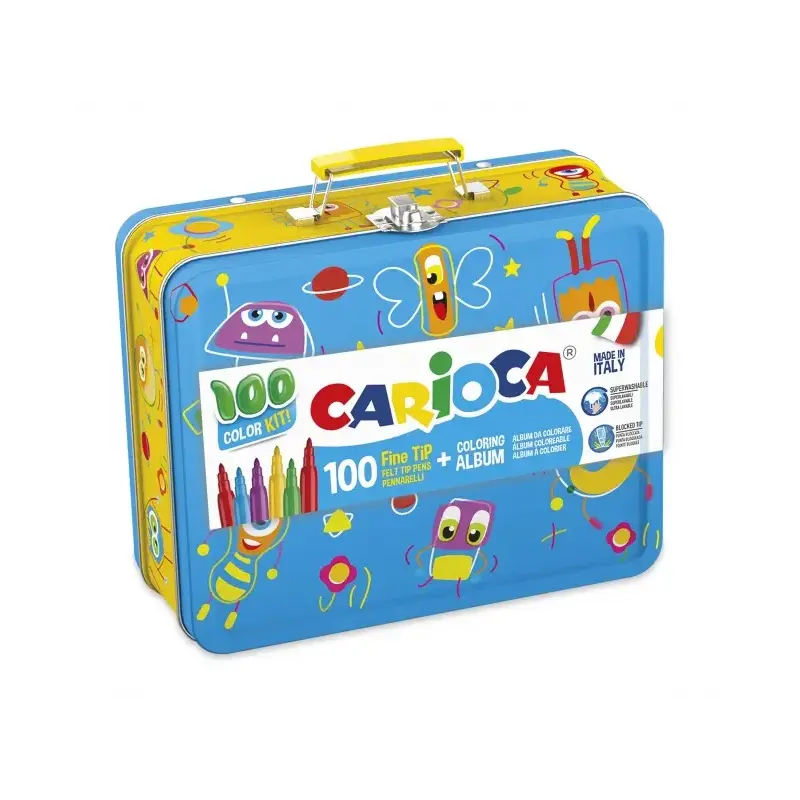 Carioca Caja Metalica con 100 Rotuladores Punta Fina y Tinta Superlavable - 1 Album para Colorear - Dedicado a Pequeños Artistas