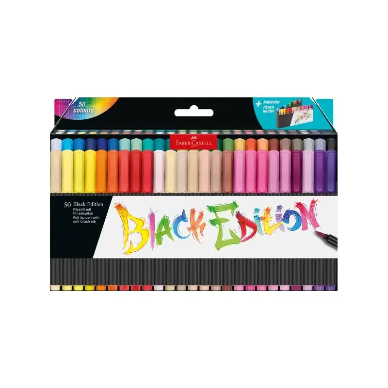 Faber-Castell Black Edition Pack de 50 Rotuladores Punta Pincel - Tinta a Base de Colorantes Alimentarios - Colores Surtidos | A