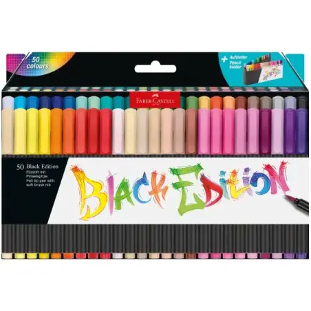 Faber-Castell Black Edition Pack de 50 Rotuladores Punta Pincel - Tinta a Base de Colorantes Alimentarios - Colores Surtidos | A