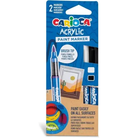 Carioca Acrylic Pack de 2 Marcadores de Pintura Acrilica - Punta Pincel - Tinta a Base de Agua - Alta Cobertura - Colores Blanco