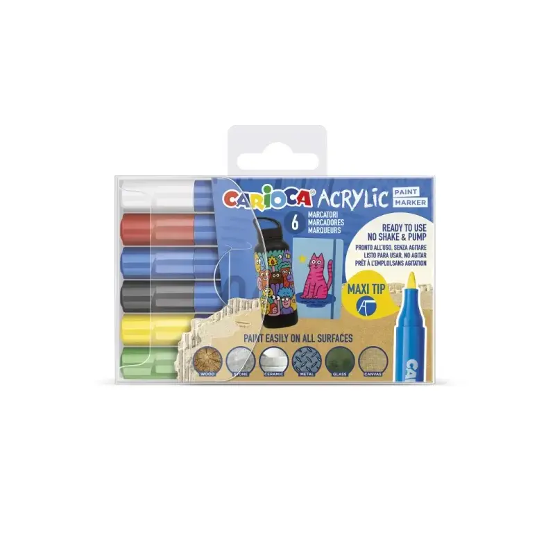 Carioca Acrylic Pack de 6 Marcadores de Pintura Acrilica - Punta Maxi - Tinta a Base de Agua - Alta Cobertura - Colores Surtidos