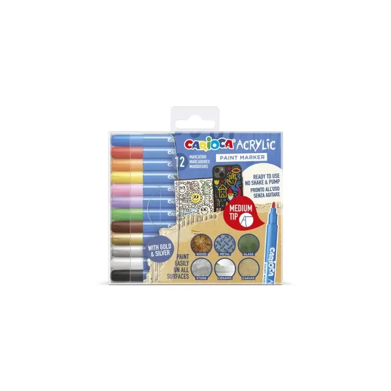Carioca Acrylic Pack de 12 Marcadores de Pintura Acrilica - Punta Media - Tinta a Base de Agua - Alta Cobertura - Colores Surtid