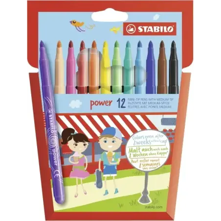 Stabilo Power Pack con 12 Rotuladores de Colores - Punta Media de 2mm - Tinta Lavable - Capuchon Ventilado - Colores Surtidos |