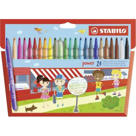 Stabilo Power Pack con 24 Rotuladores de Colores - Punta Media de 2mm - Tinta Lavable - Capuchon Ventilado - Colores Surtidos |