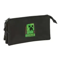 Safta Minecraft Portatodo - 3 Compartimentos con Cremalleras - Bolsillo Interior - 0.6L - 220x30x120mm - Color Negro | Ahorro Im