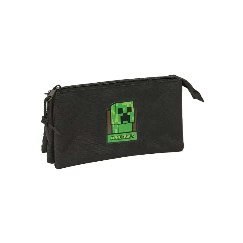 Safta Minecraft Portatodo - 3 Compartimentos con Cremalleras - Bolsillo Interior - 0.6L - 220x30x120mm - Color Negro | Ahorro Im