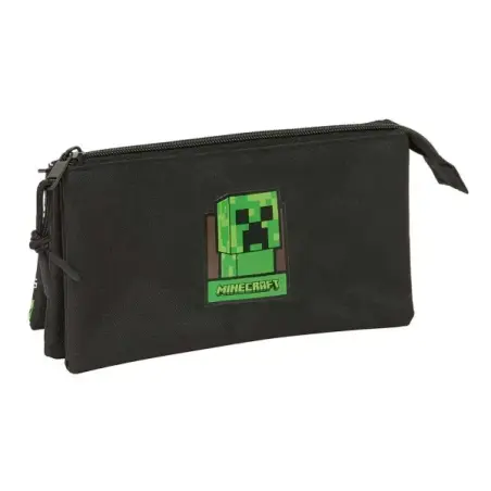 Safta Minecraft Portatodo - 3 Compartimentos con Cremalleras - Bolsillo Interior - 0.6L - 220x30x120mm - Color Negro | Ahorro Im