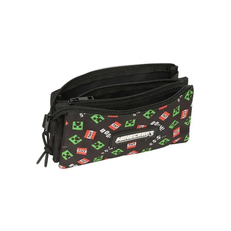 Safta Minecraft Portatodo - 3 Compartimentos con Cremalleras - Bolsillo Interior - 0.6L - 220x30x120mm - Color Negro | Ahorro Im