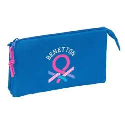 Safta Benetton Basics Azulina Portatodo - 3 Compartimentos con Cremalleras - Bolsillo Interior - 0.6L - 220x30x120mm - Color Azu