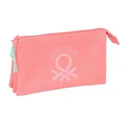 Safta Benetton Basics Portatodo - 3 Compartimentos con Cremalleras - Bolsillo Interior - 0.6L - 220x30x120mm - Color Coral | Aho