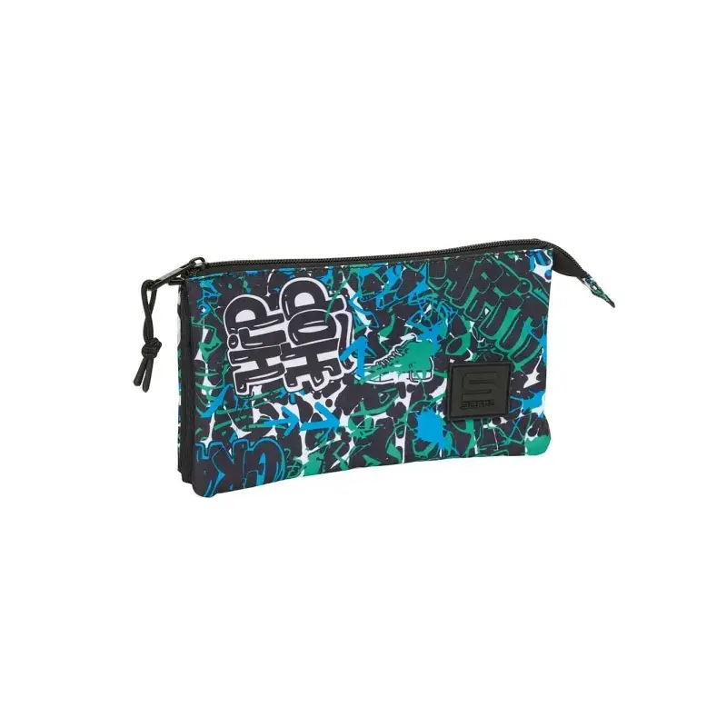 Safta Graffiti Go Portatodo - 3 Compartimentos con Cremalleras - Bolsillo Interior - 0.60L - 220x30x120mm - Color Azul Oscuro |