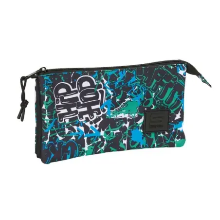 Safta Graffiti Go Portatodo - 3 Compartimentos con Cremalleras - Bolsillo Interior - 0.60L - 220x30x120mm - Color Azul Oscuro |