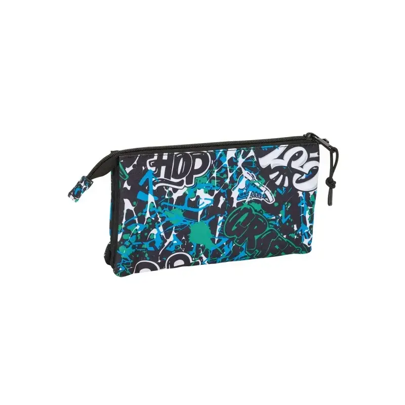 Safta Graffiti Go Portatodo - 3 Compartimentos con Cremalleras - Bolsillo Interior - 0.60L - 220x30x120mm - Color Azul Oscuro |