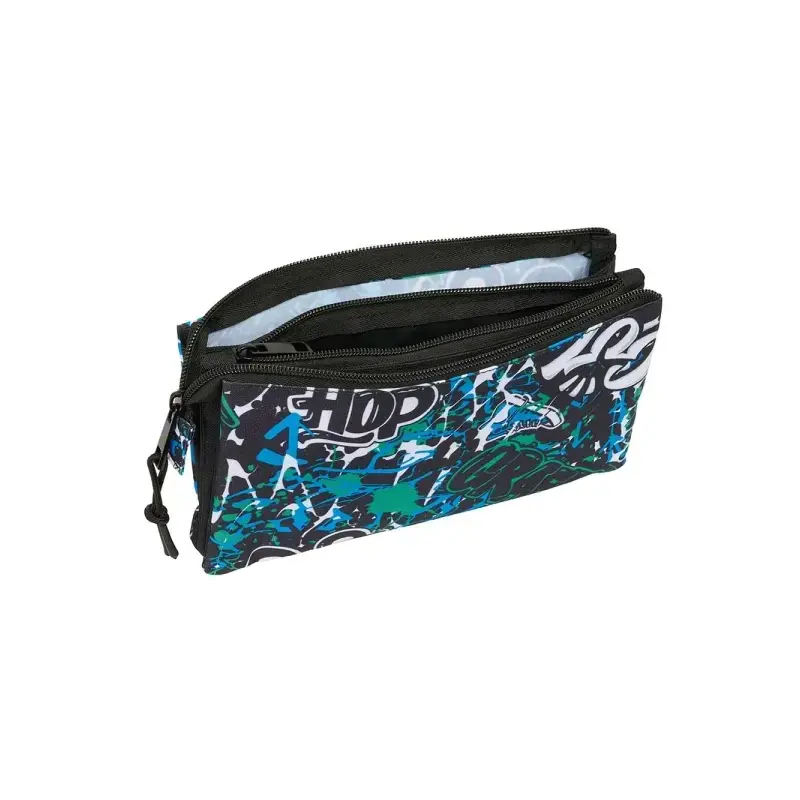 Safta Graffiti Go Portatodo - 3 Compartimentos con Cremalleras - Bolsillo Interior - 0.60L - 220x30x120mm - Color Azul Oscuro |