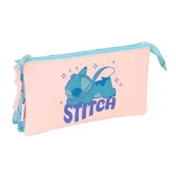 Safta Stitch Ohana Portatodo - 3 Compartimentos con Cremalleras - Bolsillo Interior - 0.6L - 220x30x120mm - Color Azul Claro | A