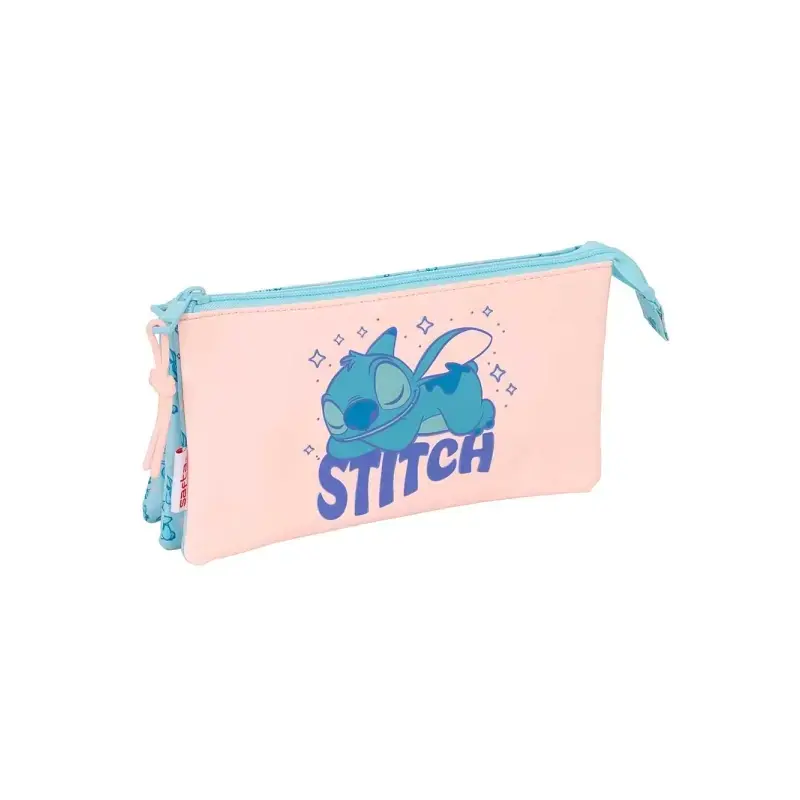 Safta Stitch Ohana Portatodo - 3 Compartimentos con Cremalleras - Bolsillo Interior - 0.6L - 220x30x120mm - Color Azul Claro | A